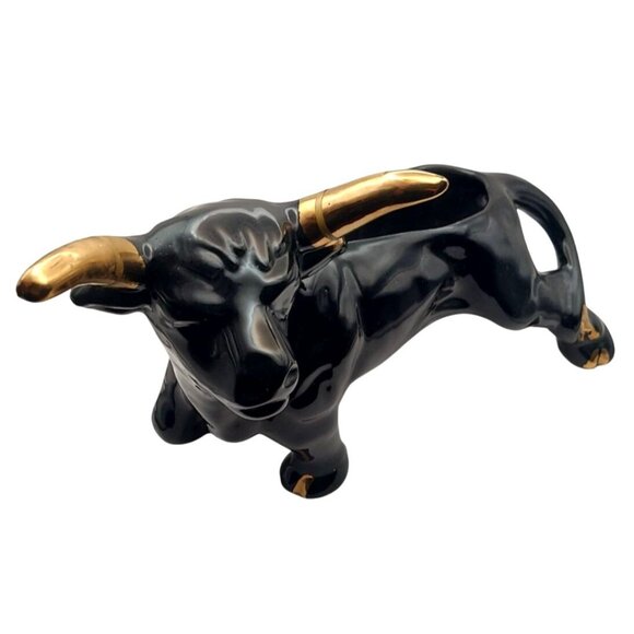 Vintage Black Ceramic Bull Planter Mid-Century Modern Gold Accents 1950s - Picture 9 of 9